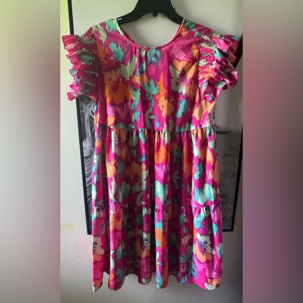 Vibrant Floral Ruffle Sleeve Dress